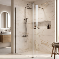 800mm Nickel Shower Screen for Wet Room & Walk In Shower with 300mm Hinged Flipper Return Panel - Corvus