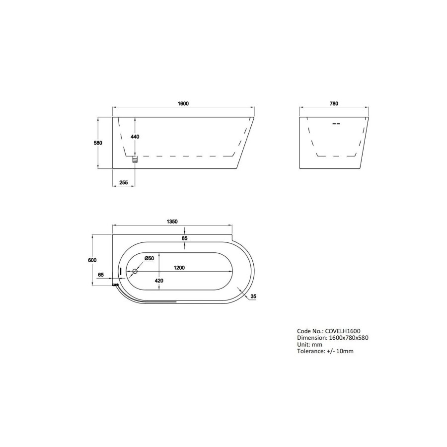 ONLY OPENED - Freestanding Shower Bath Single Ended Left Hand Corner with Brass Bath Screen 1600 x 780mm - Cove