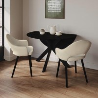 Round Black Drop Leaf Dining Table Set with 2 Beige Upholstered Chairs - Seats 2 - Carson