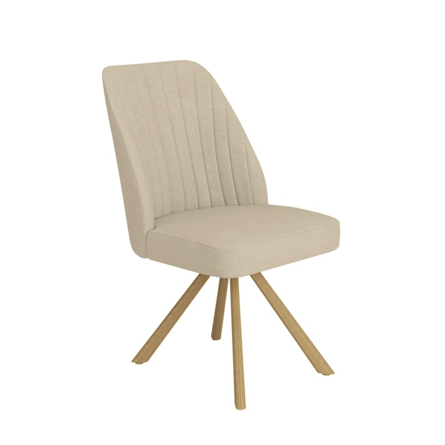 Set of 2 Beige Upholstered Swivel Dining Chairs with Oak Effect Legs - Logan