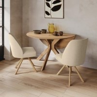 Round Oak Drop Leaf Dining Table Set with 2 Beige Upholstered Swivel Chairs - Seats 2 - Carson