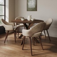 Round Walnut Drop Leaf Dining Table Set with 4 Beige Faux Leather Chairs - Seats 4 - Carson
