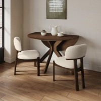 Round Walnut Drop Leaf Dining Table Set with 2 Cream Upholstered Chairs - Seats 2 - Carson