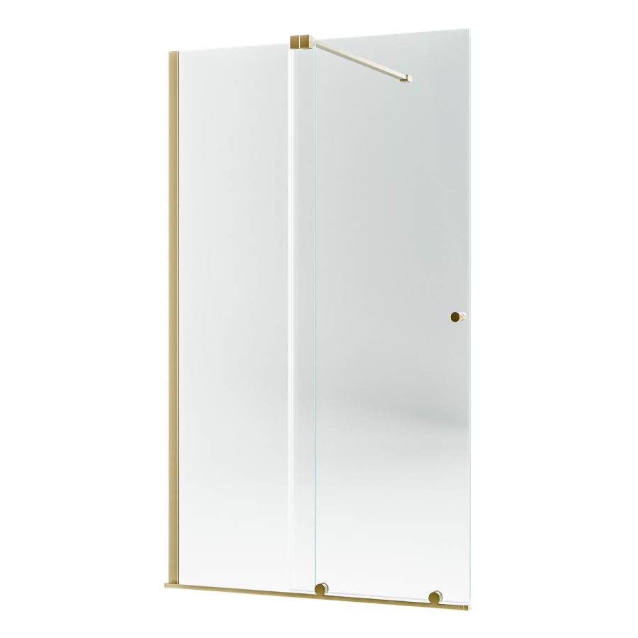 1400mm Brushed Brass Sliding Door Shower Enclosure + Wall Support Bar 8mm Glass - Denver