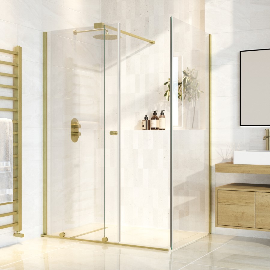 1400x800mm Brushed Brass 8mm Glass Frameless Rectangular Sliding Shower Enclosure - Denver