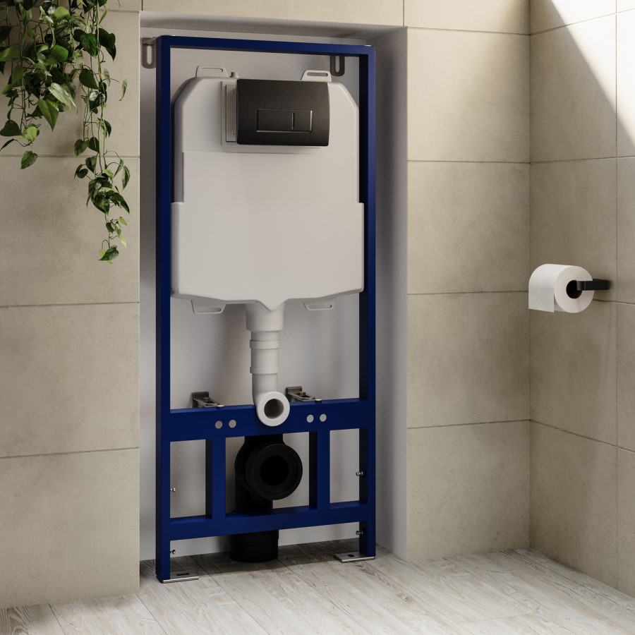 Wall Hung Toilet with Soft Close Seat, Gunmetal Flush Plate, 1168mm Frame & Cistern - Albi