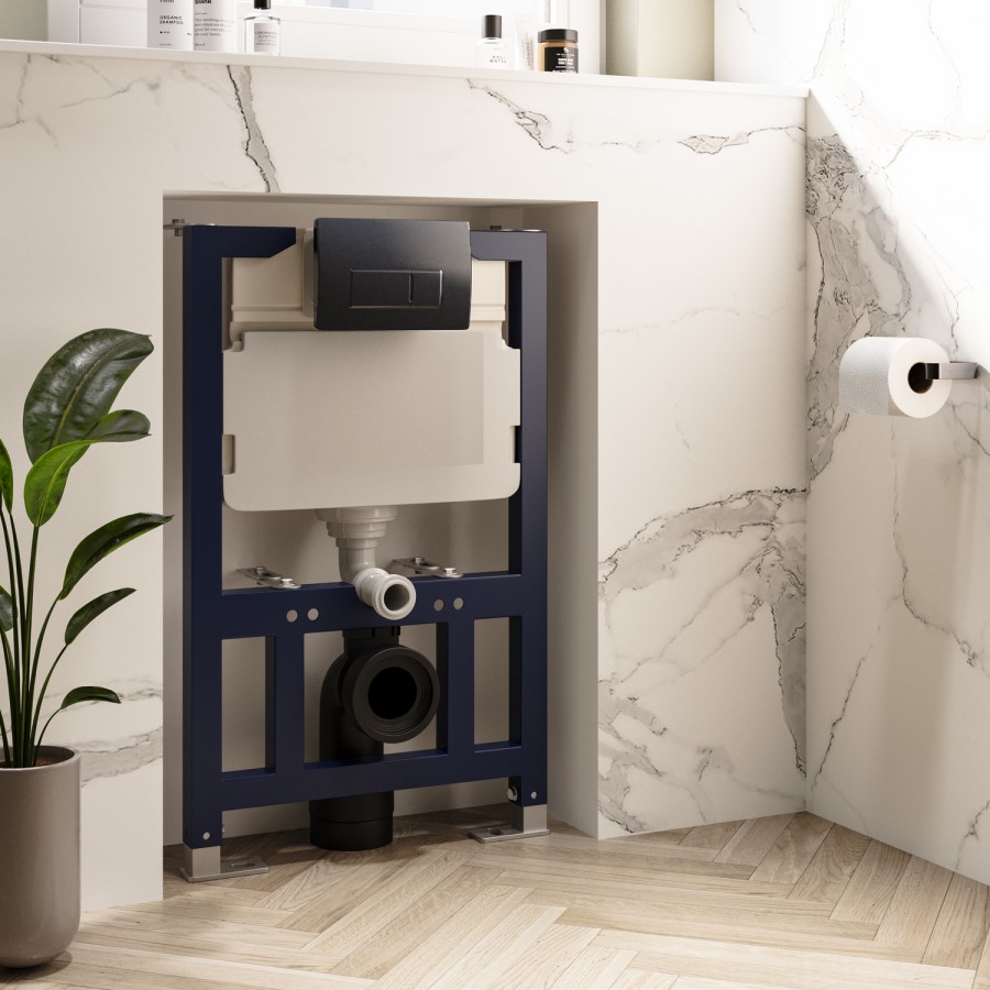 Wall Hung Toilet with Soft Close Seat, Gunmetal Flush Plate, 820mm Frame & Cistern - Albi