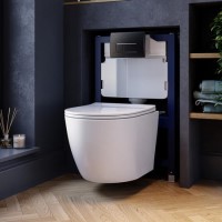 Wall Hung Rimless Toilet with Soft Close Seat, Gunmetal Pneumatic Flush Plate, 820mm Frame & Cistern – Roma