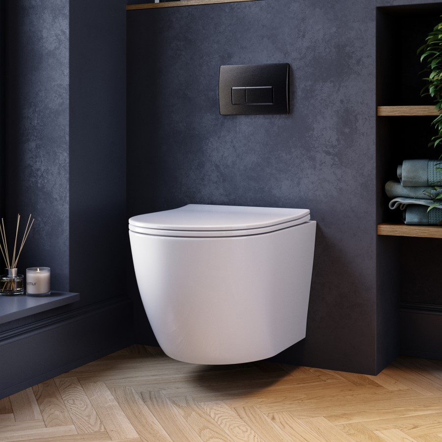 Wall Hung Rimless Toilet with Soft Close Seat, Gunmetal Pneumatic Flush Plate, 820mm Frame & Cistern – Roma