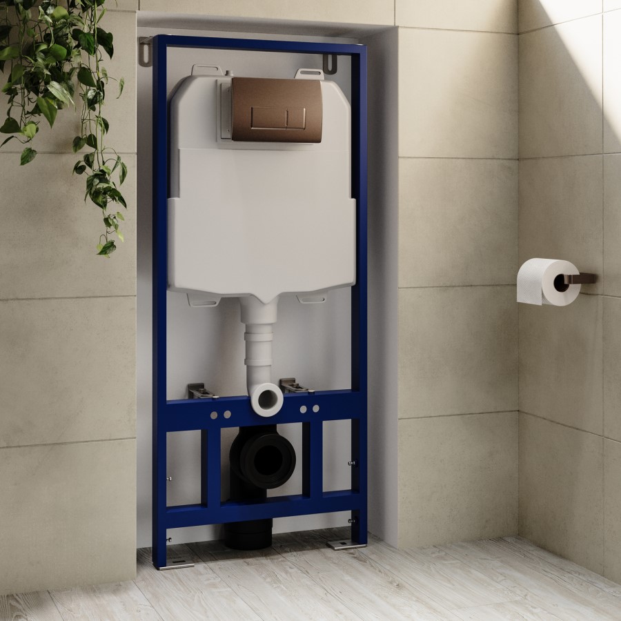 Wall Hung Toilet with Soft Close Toilet Seat, Brushed Bronze Flush Plate, 1168mm Frame & Cistern - Albi
