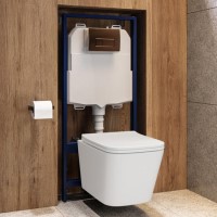 Wall Hung Toilet with Soft Close Toilet Seat, Brushed Bronze Flush Plate, 1168mm Frame & Cistern - Albi