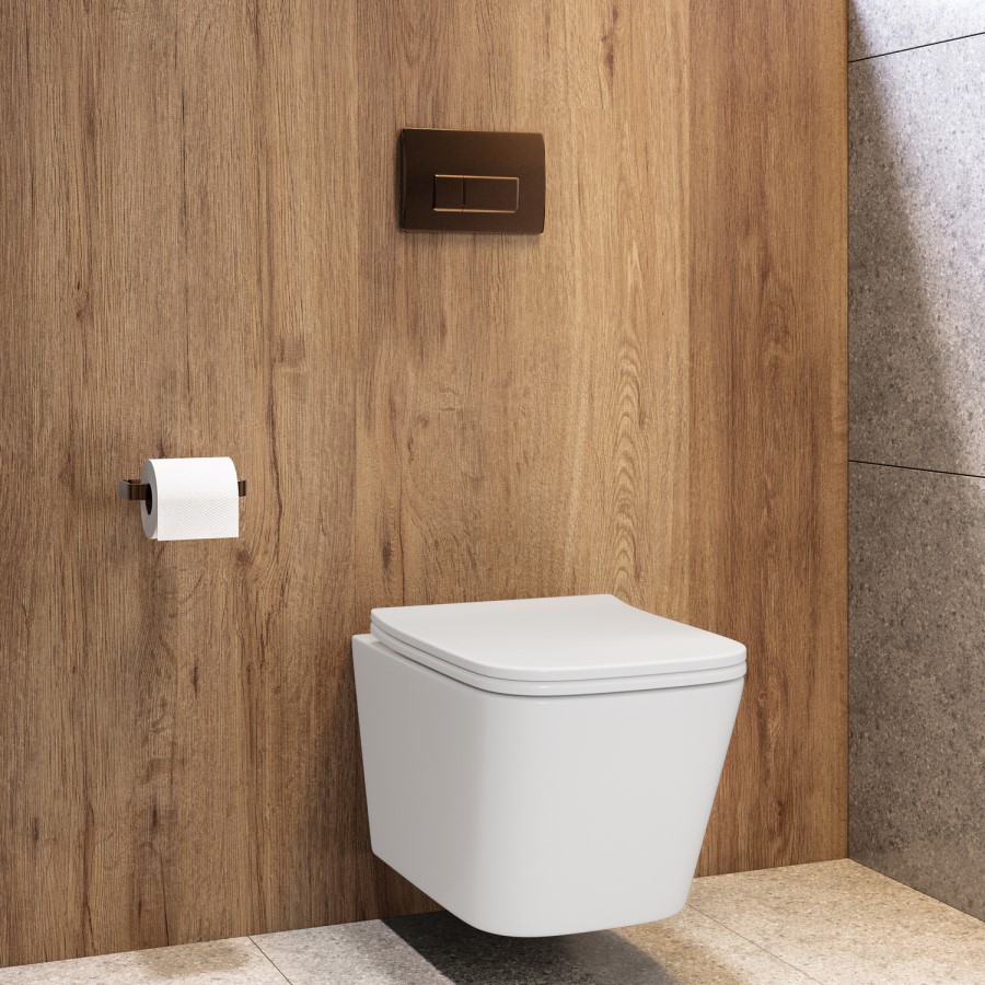 Wall Hung Toilet with Soft Close Toilet Seat, Brushed Bronze Flush Plate, 1168mm Frame & Cistern - Albi