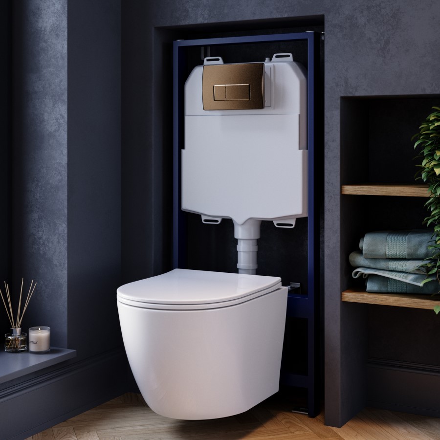 Wall Hung Rimless Toilet with Soft Close Seat, Brushed Bronze Pneumatic Flush Plate, 1168mm Frame & Cistern – Roma