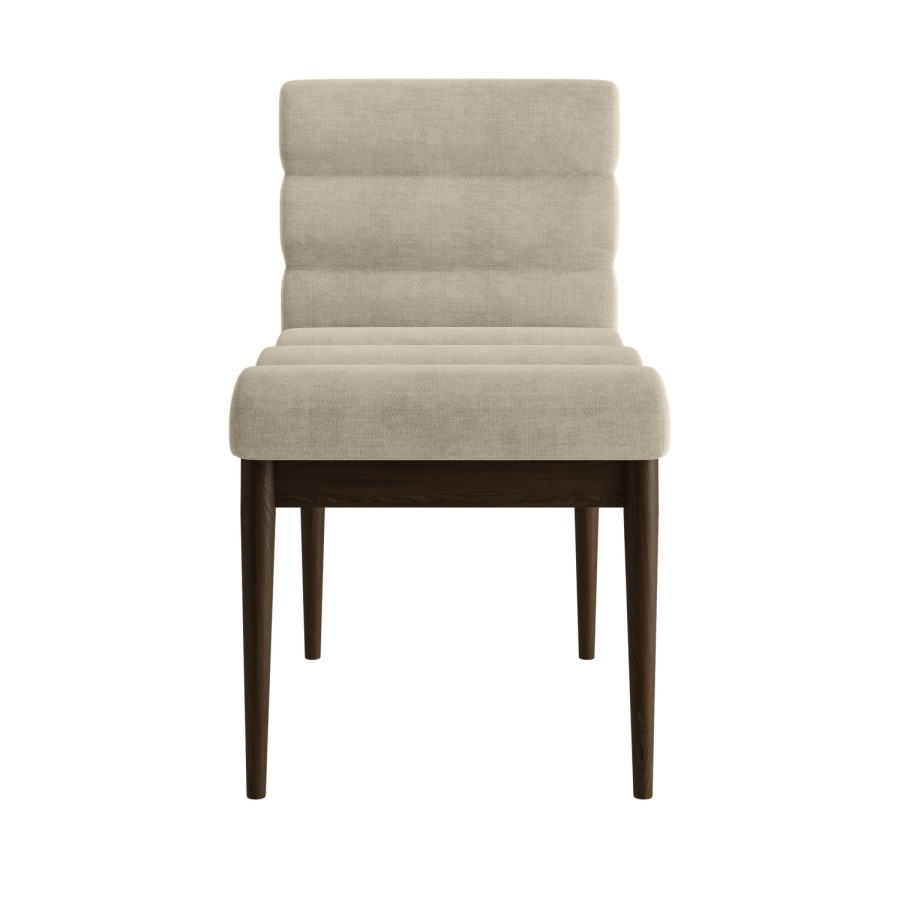 Set of 4 Walnut and Beige Upholstered Mid Century Sculpted Dining Chairs with Wooden Legs - Freja