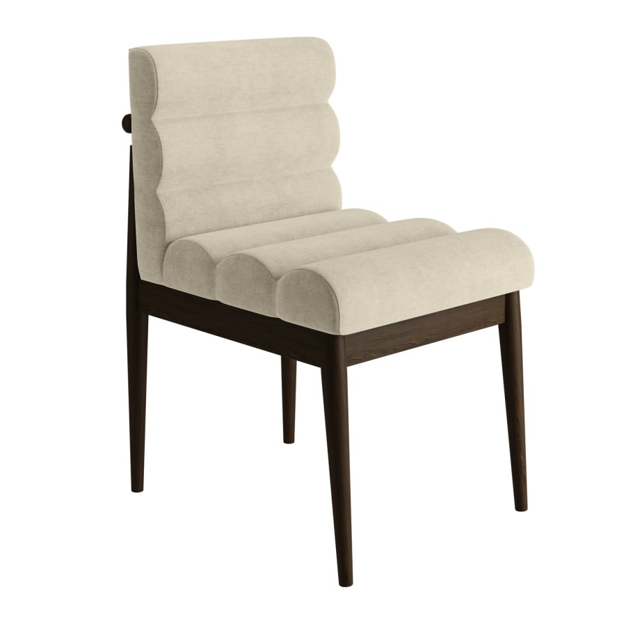 Set of 6 Walnut and Beige Upholstered Mid Century Sculpted Dining Chairs with Wooden Legs - Freja