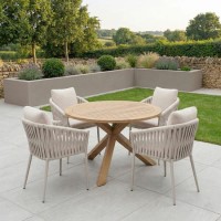4 Seater Real Teak Round Garden Dining Set with Beige Rope Chairs