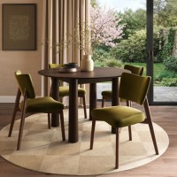 Round Walnut Dining Table Set with 4 Olive Green Velvet Curved Back Dining Chairs - Seats 4 - Hana