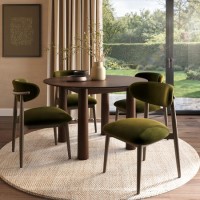Round Walnut Dining Table Set with 4 Green Upholstered Chairs - Seats 4 - Hana
