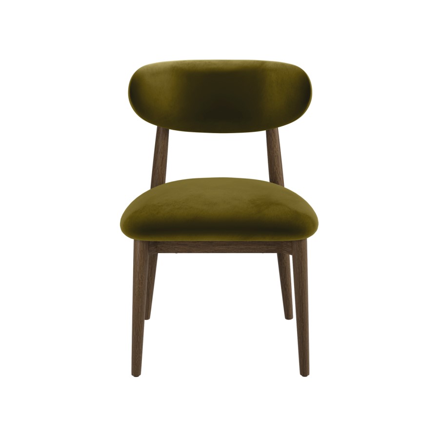 Set of 6 Walnut and Olive Green Velvet Curved Dining Chairs with Solid Wood Open Back - Kori