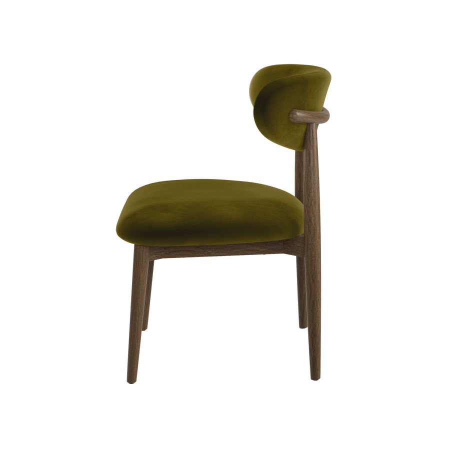 Set of 6 Walnut and Olive Green Velvet Curved Dining Chairs with Solid Wood Open Back - Kori