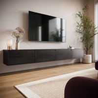 Large Black Floating Wall Mounted TV Stand - TV's up to 85" - Hiro