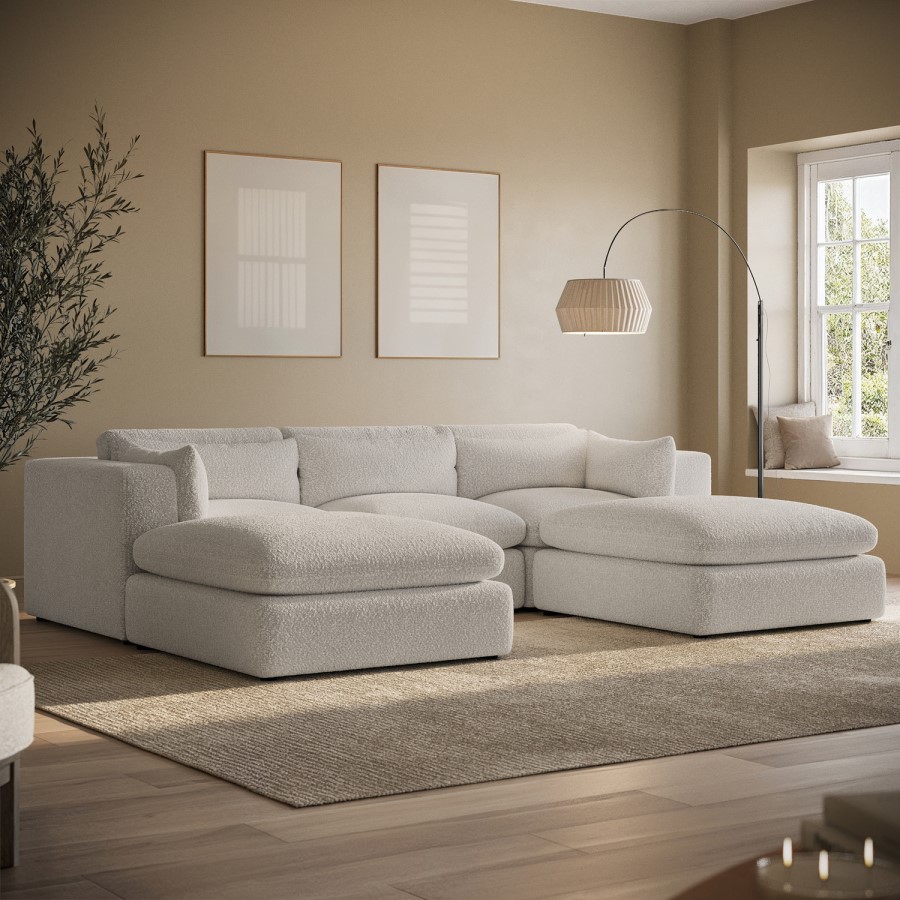 Beige Boucle 5 Seater U-Shape Sofa - Hudson
