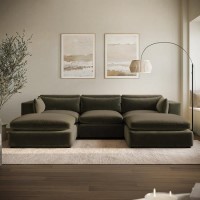 Khaki Green Velvet 5 Seater U-Shape Sofa - Hudson
