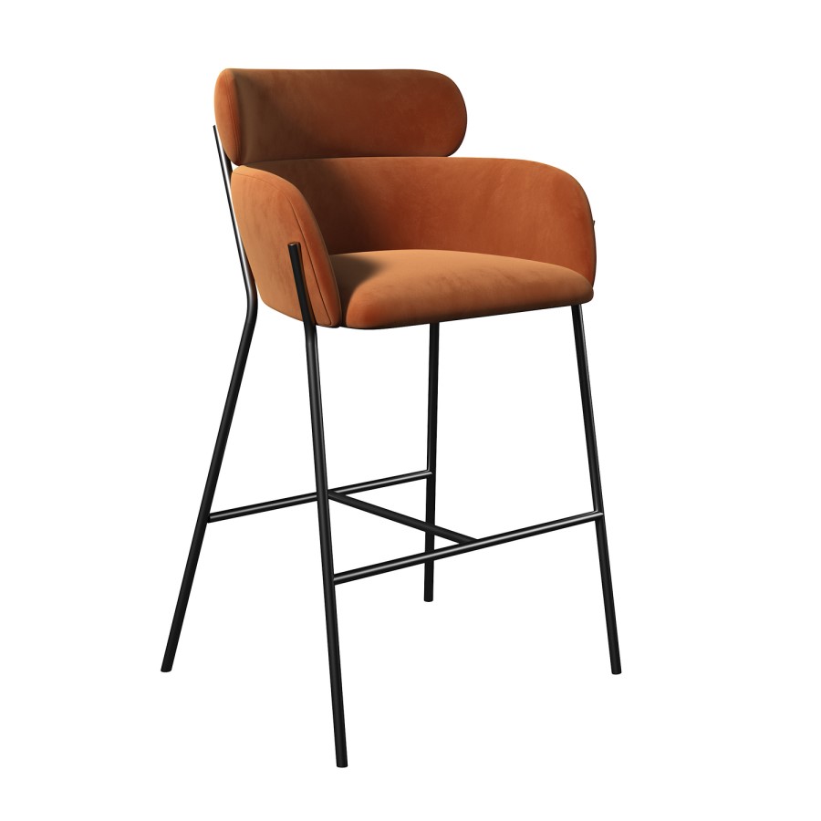 ONLY OPENED - Burnt Orange Velvet Curved Kitchen Stool with Back - Isla