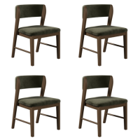 Set of 4 Green Velvet Curved Back Wooden Dining Chairs with Walnut Finish Legs - June