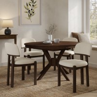Round to Oval Walnut Extendable Dining Table Set with 4 Cream Upholstered Chairs - Seats 4 - Karie