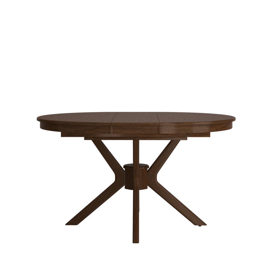Large Round to Oval Walnut Extendable Dining Table Set with 6 Beige Faux Leather Chairs - Seats 6 - Karie