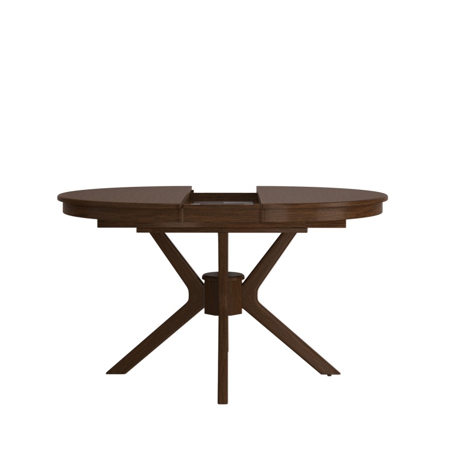 Large Round to Oval Walnut Extendable Dining Table Set with 6 Beige Faux Leather Chairs - Seats 6 - Karie