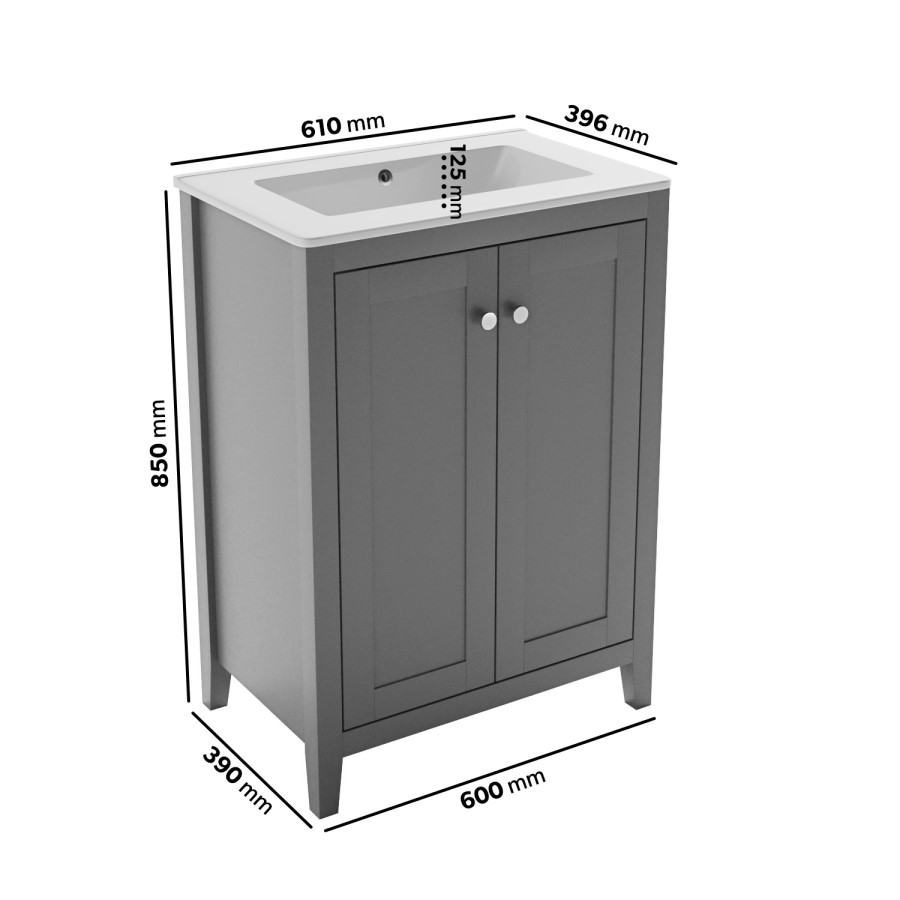 600mm Grey Freestanding Vanity Unit with Basin - Kinsley