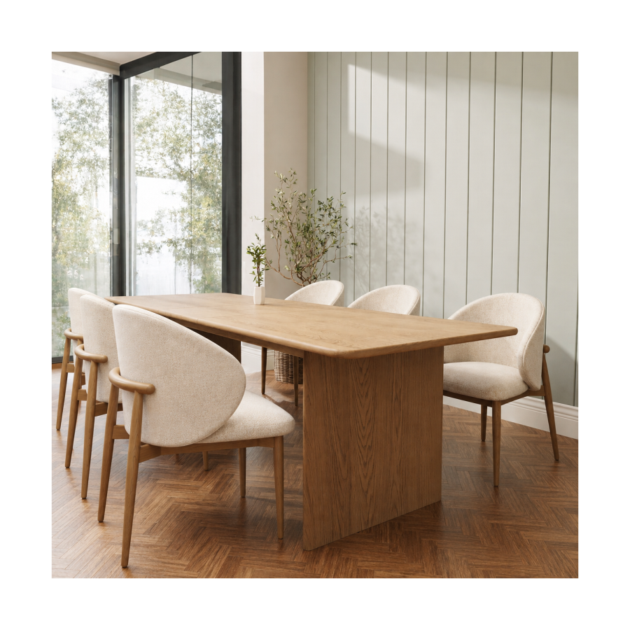 Set of 6 Beige Upholstered Curved Dining Chairs With Solid Oak Exposed Back - Kori