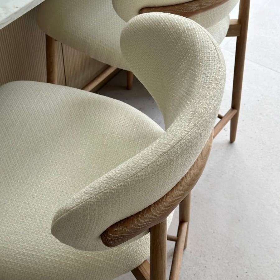 Cream Upholstered Curved Kitchen Stool with Limewash Solid Wood Exposed Back - Kori