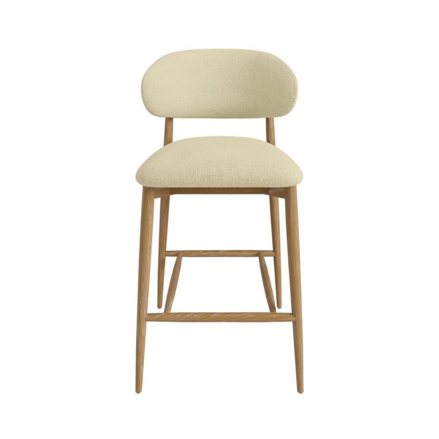 Cream Upholstered Curved Kitchen Stool with Limewash Solid Wood Exposed Back - Kori