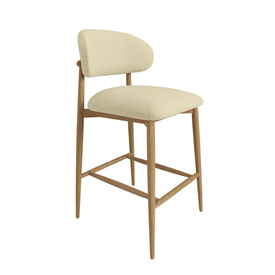 Cream Upholstered Curved Kitchen Stool with Limewash Solid Wood Exposed Back - Kori