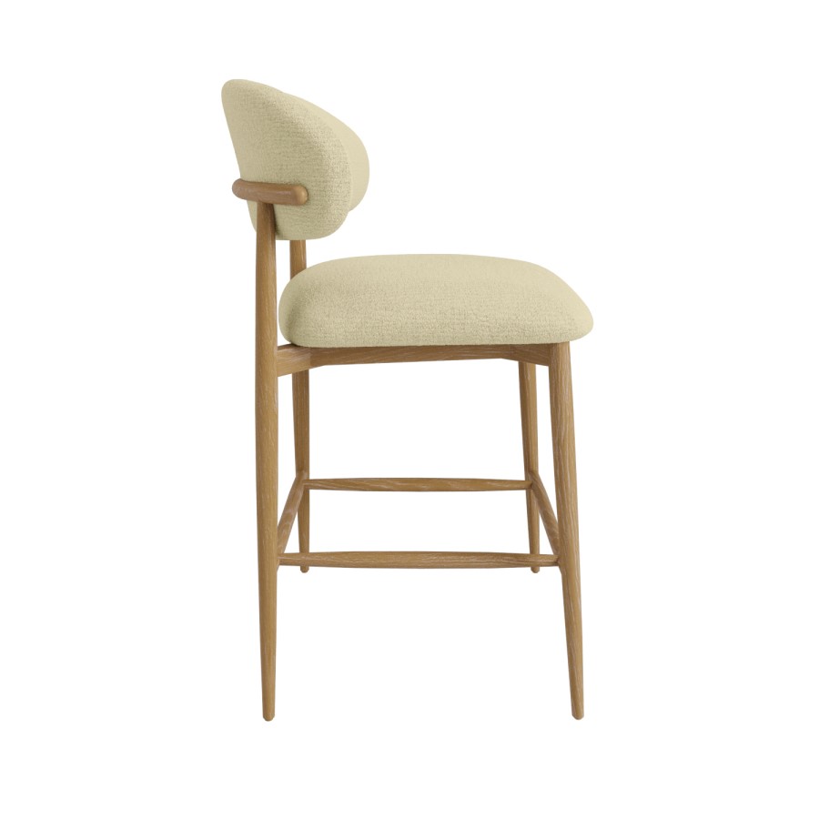Cream Upholstered Curved Kitchen Stool with Limewash Solid Wood Exposed Back - Kori