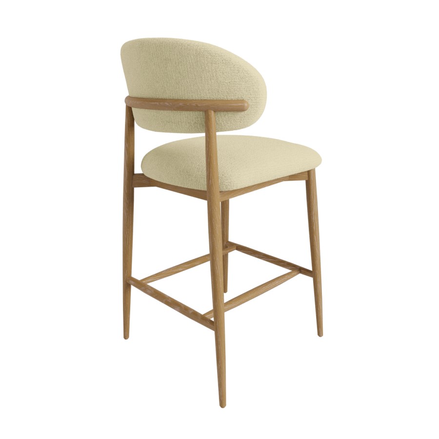 Cream Upholstered Curved Kitchen Stool with Limewash Solid Wood Exposed Back - Kori