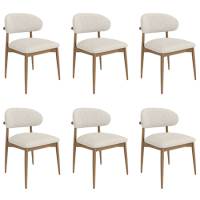 Set of 6 Beige Upholstered Curved Dining Chairs With Solid Wood Exposed Back - Kori