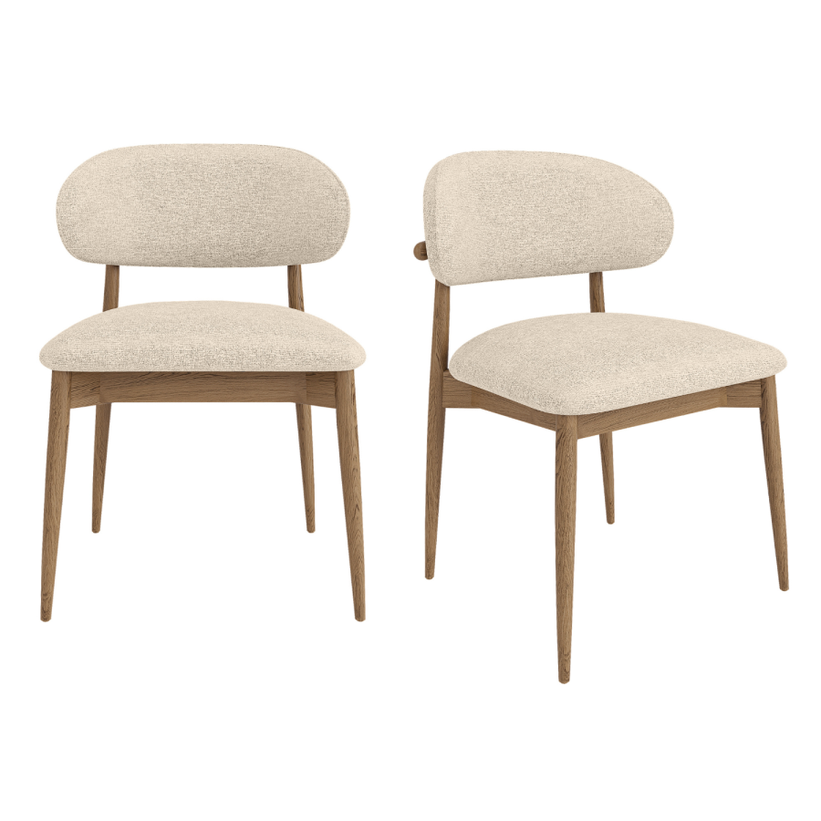 Set of 2 Beige Upholstered Curved Dining Chairs With Solid Wood Exposed Back - Kori