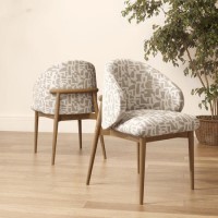 ALMOST PERFECT - Beige Printed Upholstered Curved Dining Chair With Solid Rustic Oak Exposed Back - Kori
