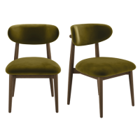 Set of 2 Walnut and Olive Green Velvet Curved Dining Chairs with Solid Wood Open Back - Kori