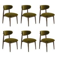 Set of 6 Walnut and Olive Green Velvet Curved Dining Chairs with Solid Wood Open Back - Kori