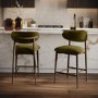 Set of 2 Walnut and Olive Green Velvet Curved Kitchen Stools with Solid Wood Open Back - Kori