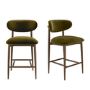 Set of 2 Walnut and Olive Green Velvet Curved Kitchen Stools with Solid Wood Open Back - Kori