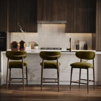 Set of 3 Walnut and Olive Green Velvet Curved Kitchen Stools with Solid Wood Open Back - Kori