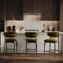 Set of 3 Walnut and Olive Green Velvet Curved Kitchen Stools with Solid Wood Open Back - Kori
