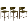 Set of 3 Walnut and Olive Green Velvet Curved Kitchen Stools with Solid Wood Open Back - Kori