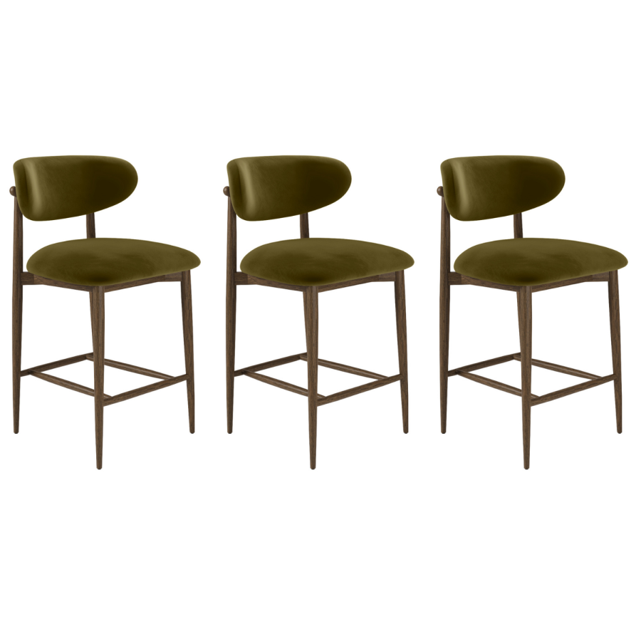 Set of 3 Walnut and Olive Green Velvet Curved Kitchen Stools with Solid Wood Open Back - Kori